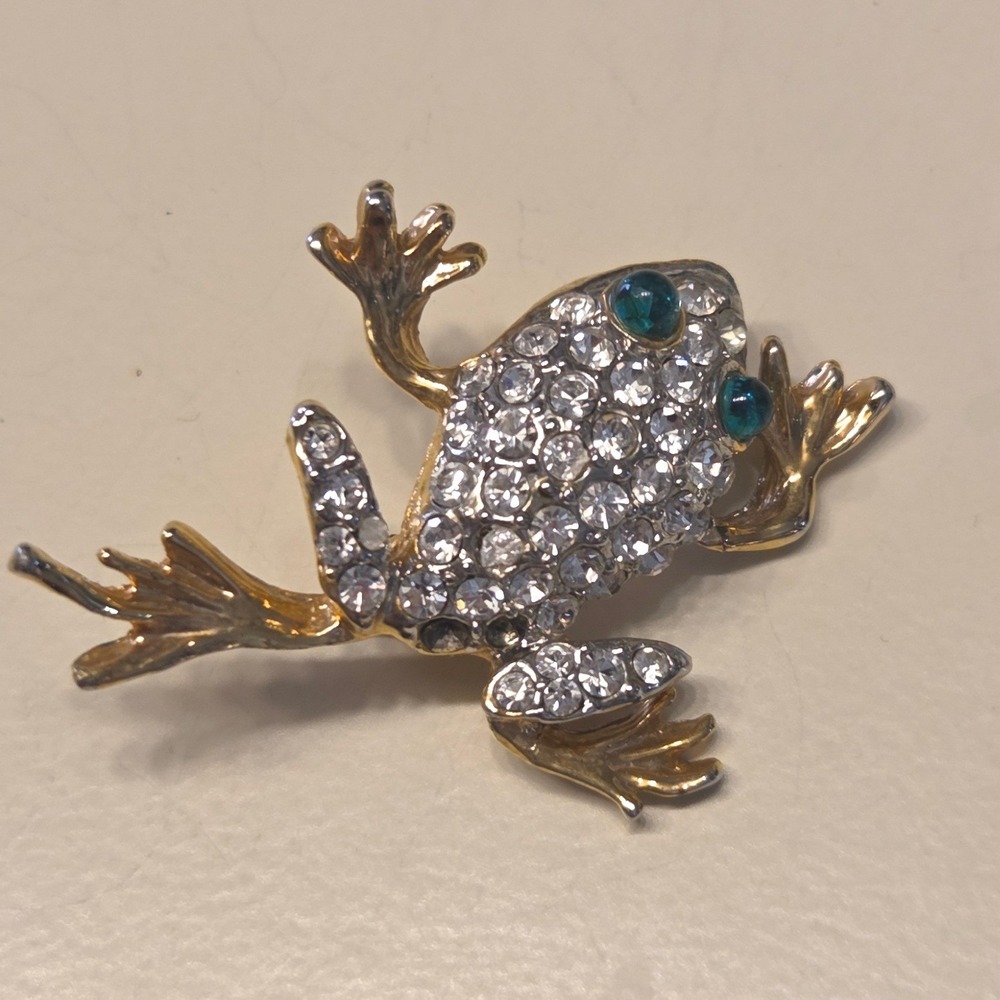 Vintage Sparkling Rhinestone Frog Pin Brooch Green Glass Eyes Gold Tone AS IS